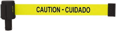 Banner Stakes - 6.61" High x 15' Long x 2-1/2" Wide Retractable Barrier Belt - Plastic & Polyester, Matte Finish, Yellow, Use with Banner Stakes Plus Stanchion, Banner Stakes Plus Base - Exact Tool & Supply