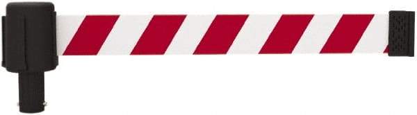 Banner Stakes - 6.61" High x 15' Long x 2-1/2" Wide Retractable Barrier Belt - Plastic & Polyester, Matte Finish, Red/White, Use with Banner Stakes Plus Stanchion, Banner Stakes Plus Base - Exact Tool & Supply