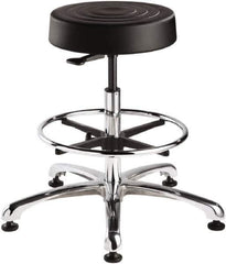 Bevco - 14 Inch Wide x 14-1/2 Inch Deep x 33 Inch High, Polished Aluminum Base, Adjustable Height Swivel Stool - Polyurethane Seat, Black - Exact Tool & Supply