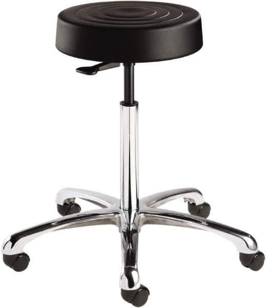 Bevco - 14 Inch Wide x 14-1/2 Inch Deep x 27-3/4 Inch High, Polished Aluminum Base, Adjustable Height Swivel Stool - Polyurethane Seat, Black - Exact Tool & Supply