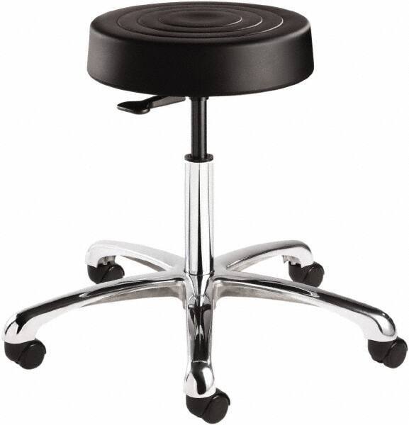Bevco - 14 Inch Wide x 14-1/2 Inch Deep x 22-1/2 Inch High, Polished Aluminum Base, Adjustable Height Swivel Stool - Polyurethane Seat, Black - Exact Tool & Supply