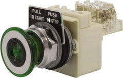 Schneider Electric - 30mm Mount Hole, Extended Straight, Pushbutton Switch with Contact Block - Green Pushbutton, Maintained (MA) - Exact Tool & Supply