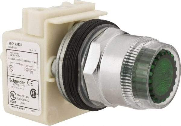 Schneider Electric - 1.18 Inch Mount Hole, Extended Straight, Pushbutton Switch Only - Round, Green Pushbutton, Illuminated, Momentary (MO), Weatherproof, Dust and Oil Resistant - Exact Tool & Supply