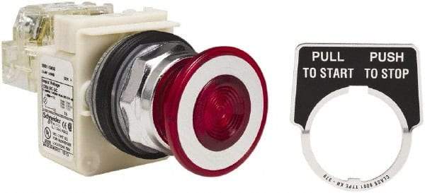 Schneider Electric - 30mm Mount Hole, Extended Straight, Pushbutton Switch with Contact Block - Red Pushbutton, Maintained (MA) - Exact Tool & Supply