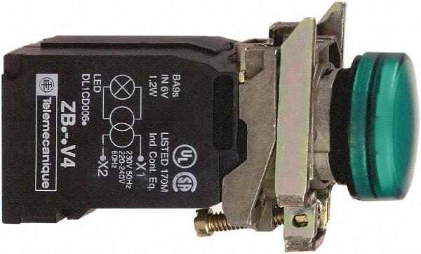 Schneider Electric - 110-120 VAC at 50/60 Hz Green Lens Incandescent Pilot Light - Round Lens, Screw Clamp Connector, 30mm Wide, Vibration Resistant, Water Resistant - Exact Tool & Supply