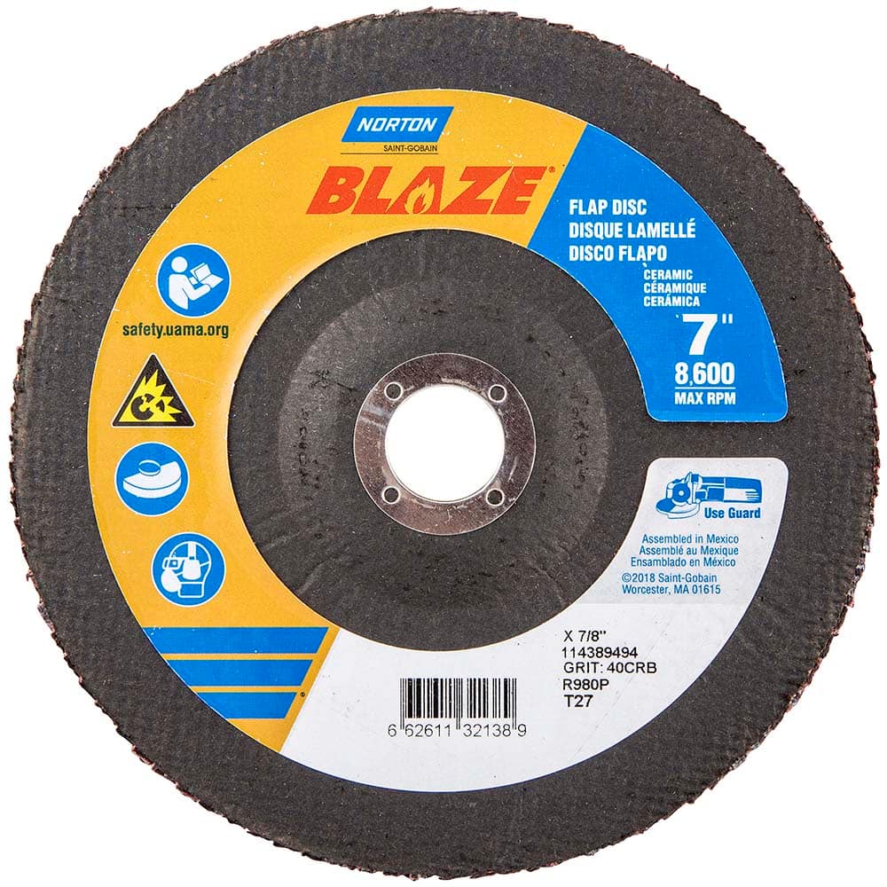 Norton - 7" 40 Grit 7/8" Center Hole Type 27 Ceramic Alumina Flap Disc - Exact Tool & Supply
