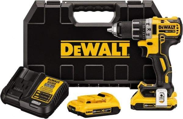 DeWALT - 20 Volt 1/2" Chuck Mid-Handle Cordless Drill - 0-500 & 0-2000 RPM, Keyless Chuck, Reversible, 2 Lithium-Ion Batteries Included - Exact Tool & Supply