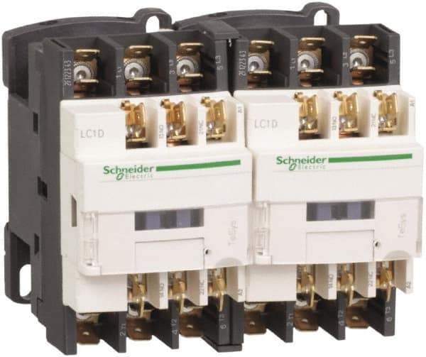 Schneider Electric - 3 Pole, 24 Coil VAC at 50/60 Hz, 12 Amp at 440 VAC, Reversible IEC Contactor - 1 Phase hp: 1 at 115 VAC, 2 at 230/240 VAC, 3 Phase hp: 10 at 575/600 VAC, 3 at 200/208 VAC, 3 at 230/240 VAC, 7.5 at 460/480 VAC - Exact Tool & Supply