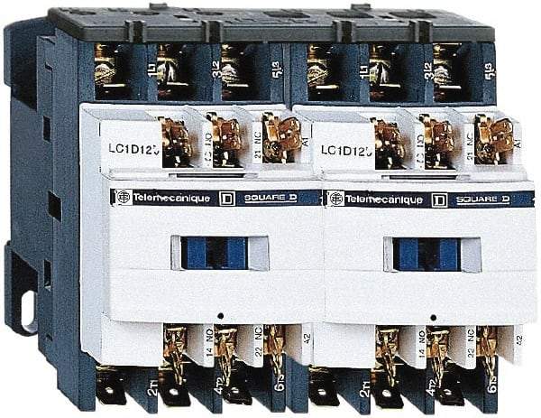 Schneider Electric - 3 Pole, 24 Coil VAC at 50/60 Hz, 9 Amp at 440 VAC, Reversible IEC Contactor - 1 Phase hp: 0.5 at 115 VAC, 1 at 230/240 VAC, 3 Phase hp: 2 at 200/208 VAC, 2 at 230/240 VAC, 5 at 460/480 VAC, 7.5 at 575/600 VAC - Exact Tool & Supply
