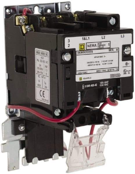 Square D - 110 Coil VAC at 50 Hz, 120 Coil VAC at 60 Hz, 600 Coil VAC, 27 Amp, NEMA Size 1, Open Enclosure NEMA Motor Starter - 1 Phase hp: 7 1/2 at 200 Volt, 7 1/2 at 230 Volt, 3 Phase hp: 10 at 460 Volt, 10 at 575 Volt - Exact Tool & Supply