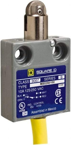 Square D - SPDT, NC/NO, 240 VAC, Prewired Terminal, Roller Plunger Actuator, General Purpose Limit Switch - 1 NEMA Rating, IP20 IPR Rating, 18 Ounce Operating Force - Exact Tool & Supply