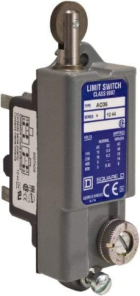 Square D - SPDT, NC/NO, 600 VAC, Screw Terminal, Roller Plunger Actuator, General Purpose Limit Switch - 1 NEMA Rating, IP20 IPR Rating - Exact Tool & Supply