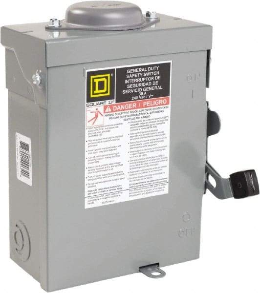 Square D - 30 Amp, 240 VAC, 2 Pole Nonfused Safety Switch - NEMA 3R, 1 & 3 Phase, 10 hp at 240 VAC (Single Phase), 15 hp at 240 VAC (Triple Phase) - Exact Tool & Supply
