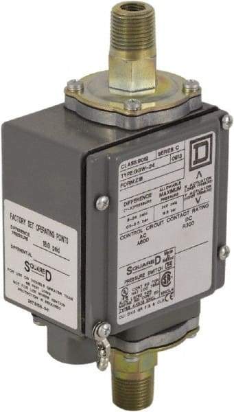 Square D - 4, 13 and 4X NEMA Rated, DPDT, 175 psi, Electromechanical Pressure and Level Switch - Adjustable Pressure, 120 VAC at 6 Amp, 125 VDC at 0.22 Amp, 240 VAC at 3 Amp, 250 VDC at 0.11 Amp, 1/4 Inch Connector, Screw Terminal, For Use with 9012G - Exact Tool & Supply