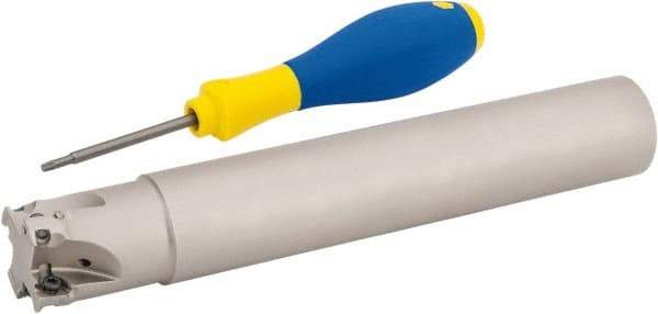 Iscar - 1-1/4" Cut Diam, 0.315" Max Depth of Cut, 1-1/4" Shank Diam, 7.87" OAL, Indexable Square Shoulder Helical End Mill - HM390 TPKT 1003 Inserts, Cylindrical Shank, 90° Lead Angle, Through Coolant, Series HeliIQMill - Exact Tool & Supply