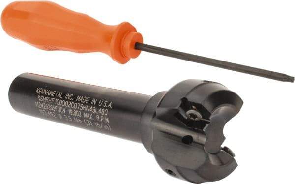 Kennametal - 1.518" Cut Diam, 0.064" Max Depth, 3/4" Shank Diam, Cylindrical Shank Indexable High-Feed End Mill - Screw Holding Method, HNGJ0604ANENLD Insert, KSHR Toolholder, Through Coolant - Exact Tool & Supply