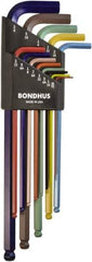 Bondhus - 13 Piece L-Key Ball End Hex Key Set - Hex Range 0.05 to 3/8", 7.8" OAL - Exact Tool & Supply