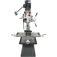 Jet - 1 Phase, 20-1/2" Swing, Geared Head Mill Drill Combination - 32-1/4" Table Length x 9-1/2" Table Width, 20-1/2" Longitudinal Travel, 8-1/4" Cross Travel, 6 Spindle Speeds, 1.5 hp, 115/230 Volts - Exact Tool & Supply