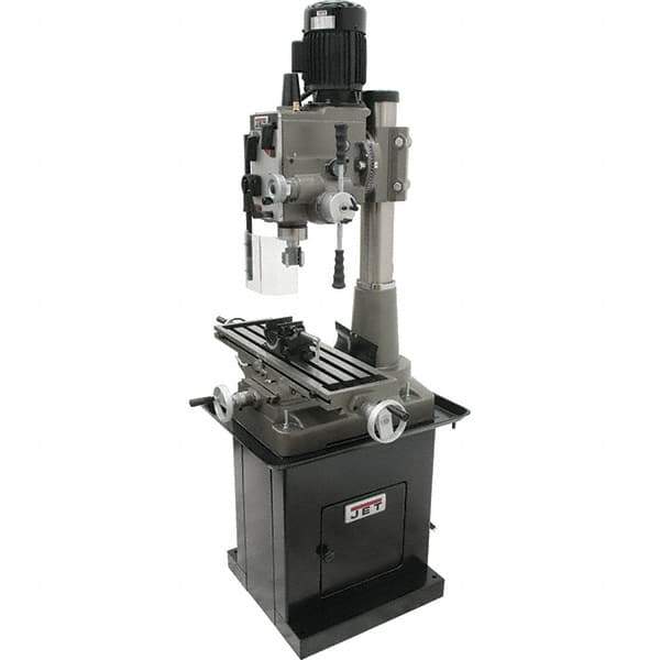 Jet - 1 Phase, 19-11/16" Swing, Geared Head Mill Drill Combination - 32-1/4" Table Length x 9-1/2" Table Width, 20-1/2" Longitudinal Travel, 8-1/4" Cross Travel, 6 Spindle Speeds, 1.5 hp, 115/230 Volts - Exact Tool & Supply