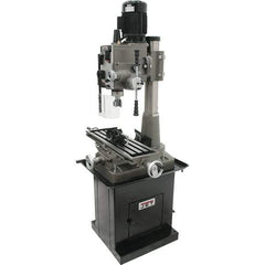 Jet - 1 Phase, 19-11/16" Swing, Geared Head Mill Drill Combination - 32-1/4" Table Length x 9-1/2" Table Width, 20-1/2" Longitudinal Travel, 8-1/4" Cross Travel, 6 Spindle Speeds, 1.5 hp, 115/230 Volts - Exact Tool & Supply