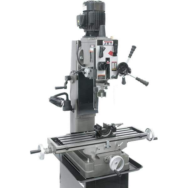Jet - 1 Phase, 19-11/16" Swing, Geared Head Mill Drill Combination - 32-1/4" Table Length x 9-1/2" Table Width, 20-1/2" Longitudinal Travel, 8-1/4" Cross Travel, 6 Spindle Speeds, 1.5 hp, 115/230 Volts - Exact Tool & Supply