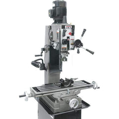 Jet - 1 Phase, 19-11/16" Swing, Geared Head Mill Drill Combination - 32-1/4" Table Length x 9-1/2" Table Width, 20-1/2" Longitudinal Travel, 8-1/4" Cross Travel, 6 Spindle Speeds, 1.5 hp, 115/230 Volts - Exact Tool & Supply