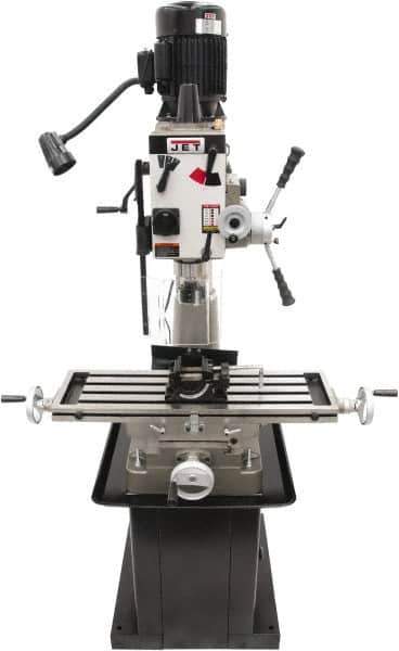 Jet - 1 Phase, 20-1/2" Swing, Geared Head Mill Drill Combination - 32-1/4" Table Length x 9-1/2" Table Width, 20-1/2" Longitudinal Travel, 8-1/4" Cross Travel, 6 Spindle Speeds, 1.5 hp, 115/230 Volts - Exact Tool & Supply