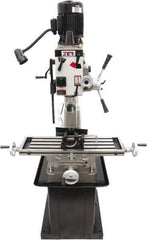 Jet - 1 Phase, 20-1/2" Swing, Geared Head Mill Drill Combination - 32-1/4" Table Length x 9-1/2" Table Width, 20-1/2" Longitudinal Travel, 8-1/4" Cross Travel, 6 Spindle Speeds, 1.5 hp, 115/230 Volts - Exact Tool & Supply
