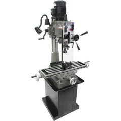 Jet - 1 Phase, 20-1/2" Swing, Geared Head Mill Drill Combination - 32-1/4" Table Length x 9-1/2" Table Width, 20-1/2" Longitudinal Travel, 8-1/4" Cross Travel, 6 Spindle Speeds, 1.5 hp, 115/230 Volts - Exact Tool & Supply