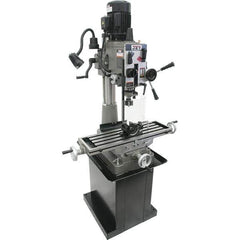 Jet - 1 Phase, 20-1/2" Swing, Geared Head Mill Drill Combination - 32-1/4" Table Length x 9-1/2" Table Width, 20-1/2" Longitudinal Travel, 8-1/4" Cross Travel, 6 Spindle Speeds, 1.5 hp, 115/230 Volts - Exact Tool & Supply