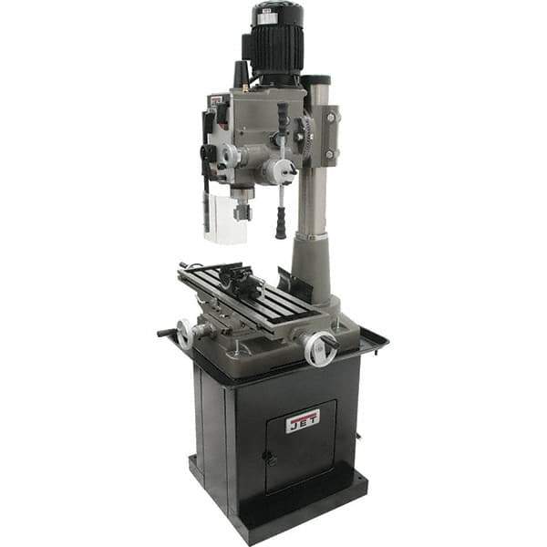 Jet - 1 Phase, 19-11/16" Swing, Geared Head Mill Drill Combination - 32-1/4" Table Length x 9-1/2" Table Width, 20-1/2" Longitudinal Travel, 8-1/4" Cross Travel, 6 Spindle Speeds, 1.5 hp, 115/230 Volts - Exact Tool & Supply