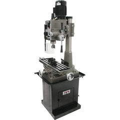 Jet - 1 Phase, 19-11/16" Swing, Geared Head Mill Drill Combination - 32-1/4" Table Length x 9-1/2" Table Width, 20-1/2" Longitudinal Travel, 8-1/4" Cross Travel, 6 Spindle Speeds, 1.5 hp, 115/230 Volts - Exact Tool & Supply