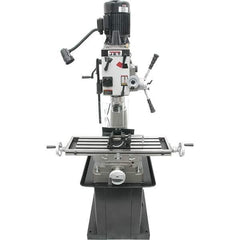 Jet - 1 Phase, 20-1/2" Swing, Geared Head Mill Drill Combination - 32-1/4" Table Length x 9-1/2" Table Width, 20-1/2" Longitudinal Travel, 8-1/4" Cross Travel, 6 Spindle Speeds, 1.5 hp, 115/230 Volts - Exact Tool & Supply