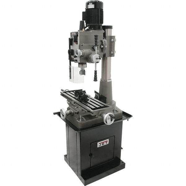 Jet - 1 Phase, 19-11/16" Swing, Geared Head Mill Drill Combination - 32-1/4" Table Length x 9-1/2" Table Width, 20-1/2" Longitudinal Travel, 8-1/4" Cross Travel, 6 Spindle Speeds, 1.5 hp, 115/230 Volts - Exact Tool & Supply