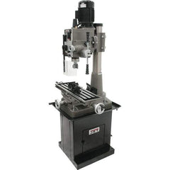 Jet - 1 Phase, 19-11/16" Swing, Geared Head Mill Drill Combination - 32-1/4" Table Length x 9-1/2" Table Width, 20-1/2" Longitudinal Travel, 8-1/4" Cross Travel, 6 Spindle Speeds, 1.5 hp, 115/230 Volts - Exact Tool & Supply