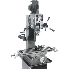 Jet - 1 Phase, 19-11/16" Swing, Geared Head Mill Drill Combination - 32-1/4" Table Length x 9-1/2" Table Width, 20-1/2" Longitudinal Travel, 8-1/4" Cross Travel, 6 Spindle Speeds, 1.5 hp, 115/230 Volts - Exact Tool & Supply