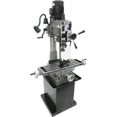 Jet - 1 Phase, 20-1/2" Swing, Geared Head Mill Drill Combination - 32-1/4" Table Length x 9-1/2" Table Width, 20-1/2" Longitudinal Travel, 8-1/4" Cross Travel, 6 Spindle Speeds, 1.5 hp, 115/230 Volts - Exact Tool & Supply