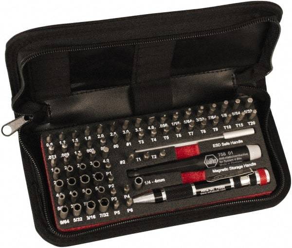 Wiha - 68 Piece, 4mm Drive Screwdriver Micro Bit Set - #000 to #2 Phillips, 0.7 to 4mm Hex, T1 to T20 Torx, 0.8, 1.2, 1.5, 1.8, 2, 2.5, 3, 3.5 & 4mm Slotted - Exact Tool & Supply