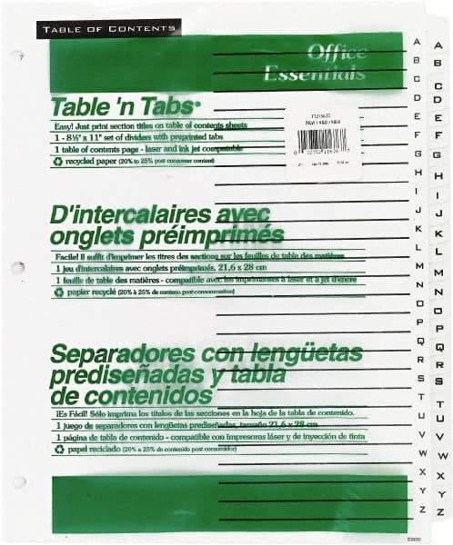 Office Essentials - 11 x 8 1/2" A to Z Label, 26 Tabs, 3-Hole Punched, Preprinted Divider - White - Exact Tool & Supply