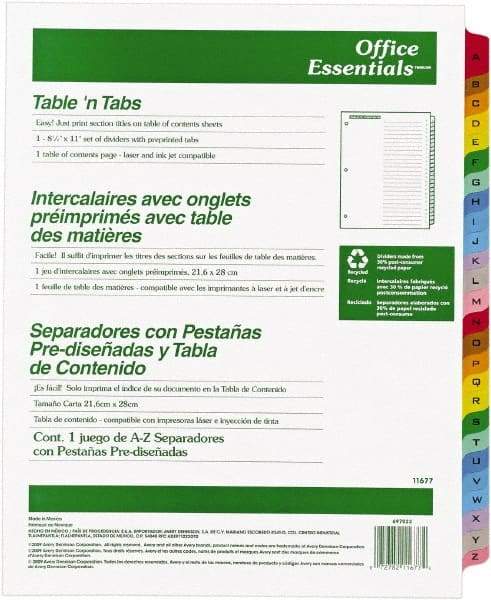 Office Essentials - 11 x 8 1/2" A to Z Label, 26 Tabs, 3-Hole Punched, Preprinted Divider - Multicolor Tabs, White Folder - Exact Tool & Supply