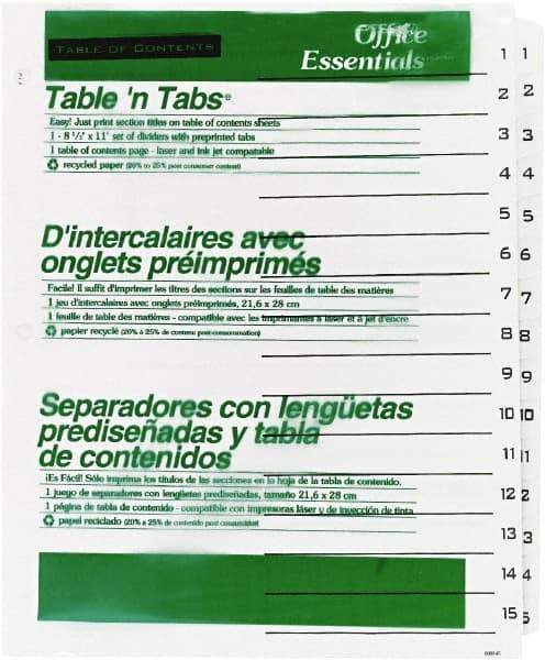 Office Essentials - 11 x 8 1/2" 1 to 15" Label, 15 Tabs, 3-Hole Punched, Preprinted Divider - White - Exact Tool & Supply