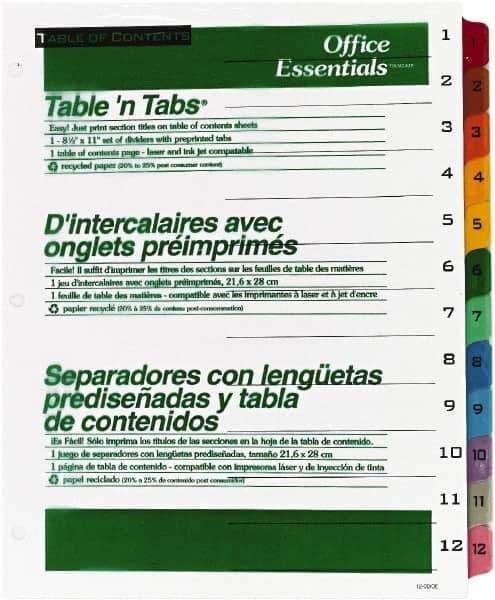 Office Essentials - 11 x 8 1/2" 1 to 12" Label, 12 Tabs, 3-Hole Punched, Preprinted Divider - Multicolor Tabs, White Folder - Exact Tool & Supply