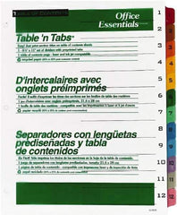 Office Essentials - 11 x 8 1/2" 1 to 12" Label, 12 Tabs, 3-Hole Punched, Preprinted Divider - Multicolor Tabs, White Folder - Exact Tool & Supply