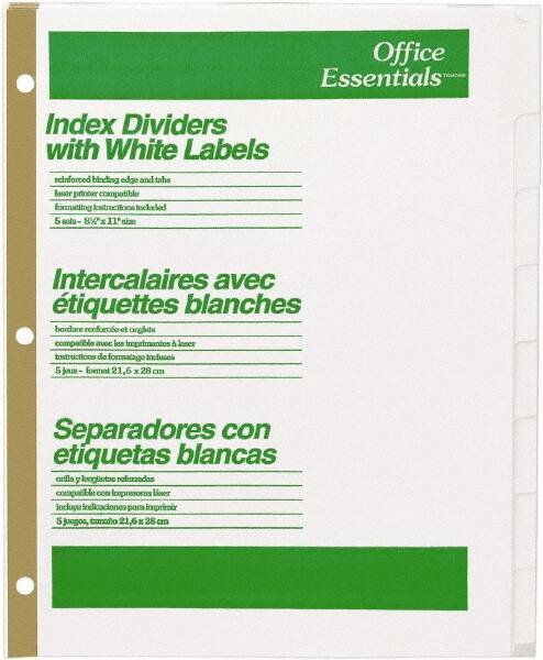 Office Essentials - 11 x 8 1/2" 1 to 8" Label, 8 Tabs, 3-Hole Punched, Customizable Divider - White - Exact Tool & Supply