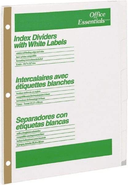 Office Essentials - 11 x 8 1/2" 1 to 5" Label, 5 Tabs, 3-Hole Punched, Customizable Divider - White - Exact Tool & Supply