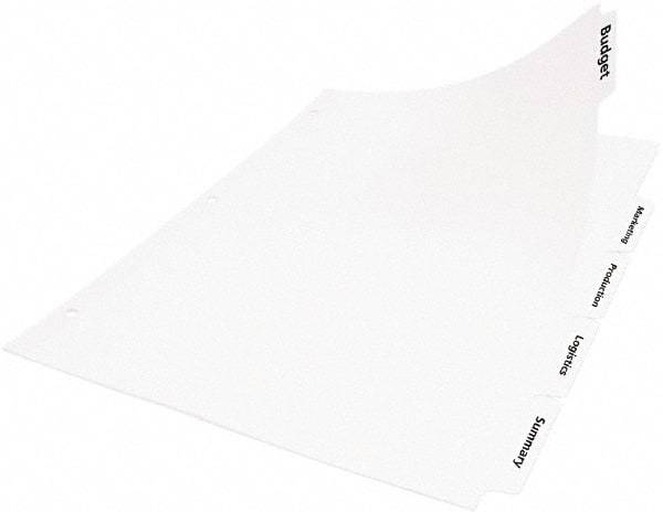 Office Essentials - 11 x 8 1/2" 1 to 5" Label, 5 Tabs, 3-Hole Punched, Customizable Divider - White - Exact Tool & Supply