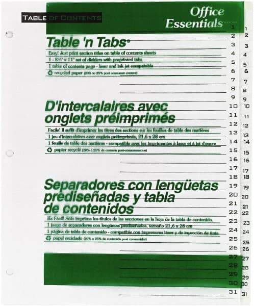 Office Essentials - 11 x 8 1/2" 1 to 31" Label, 31 Tabs, 3-Hole Punched, Preprinted Divider - White - Exact Tool & Supply
