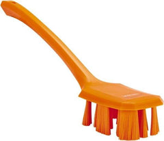 Vikan - 2-3/4" Bristle Length, Polyester Scrub Brush - 12" Long x 2-7/8" Wide Head, 15-1/2" OAL, Long Handle, Orange, Polypropylene Block - Exact Tool & Supply