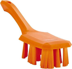 Vikan - 2-3/4" Bristle Length, Polyester Scrub Brush - 8" Long x 2-7/8" Wide Head, 10" OAL, Short Handle, Orange, Polypropylene Block - Exact Tool & Supply