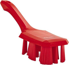 Vikan - 2-3/4" Bristle Length, Polyester Scrub Brush - 8" Long x 2-7/8" Wide Head, 10" OAL, Short Handle, Red, Polypropylene Block - Exact Tool & Supply